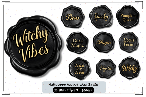 Elegant Black & Gold Halloween Words Wax Seals