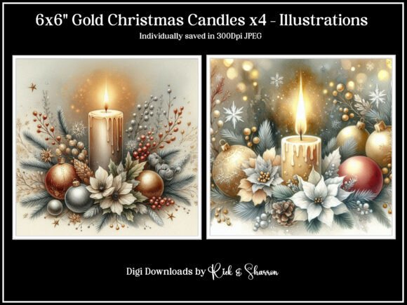 Gold Christmas Candles X4 Illustrations: Festive Digital Art for Your Projects