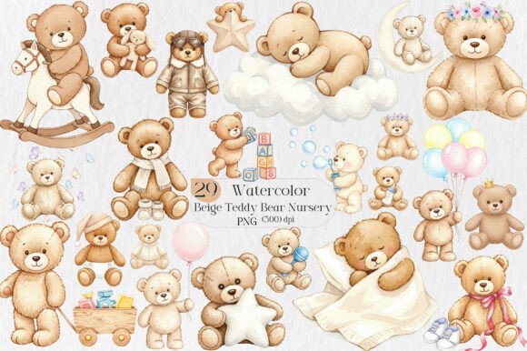 Watercolor Beige Teddy Bear Nursery Png: A Soft, Whimsical Design Asset