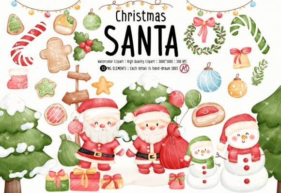 Watercolor Christmas Santa Claus Clipart for Festive Projects