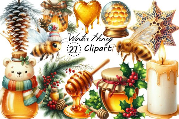 Watercolor Winter Honey Clipart: A Sweet Addition to Your Creative Toolkit